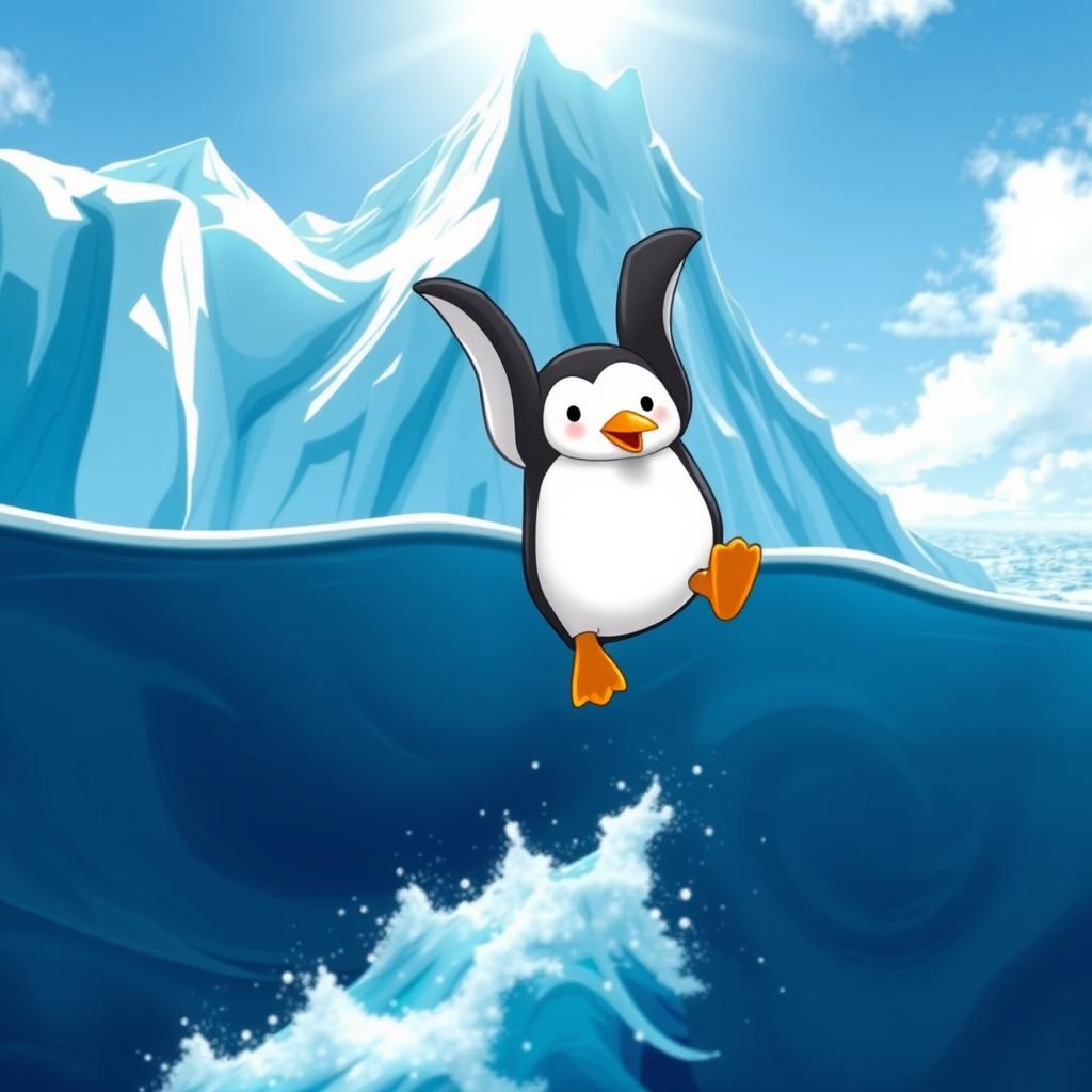 A small penguin tumbling off a large ice mountain and plummeting into the ocean below