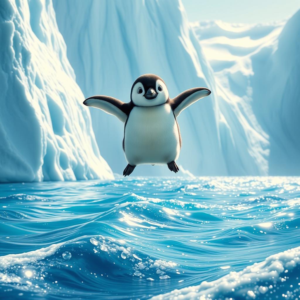 A small penguin gracefully falling off a towering ice mountain into the glistening ocean below