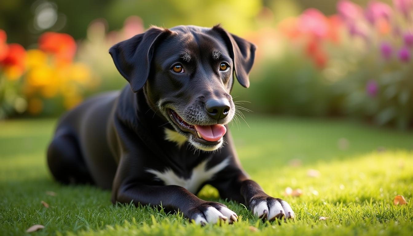 An older black Staffordshire dog with a joyful expression, sitting comfortably in a sunlit garden