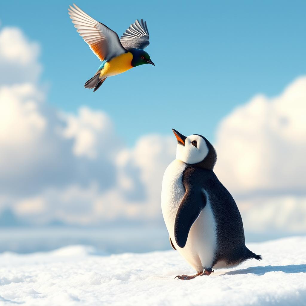 A small penguin standing on a snowy landscape, observing a colorful bird flying gracefully above