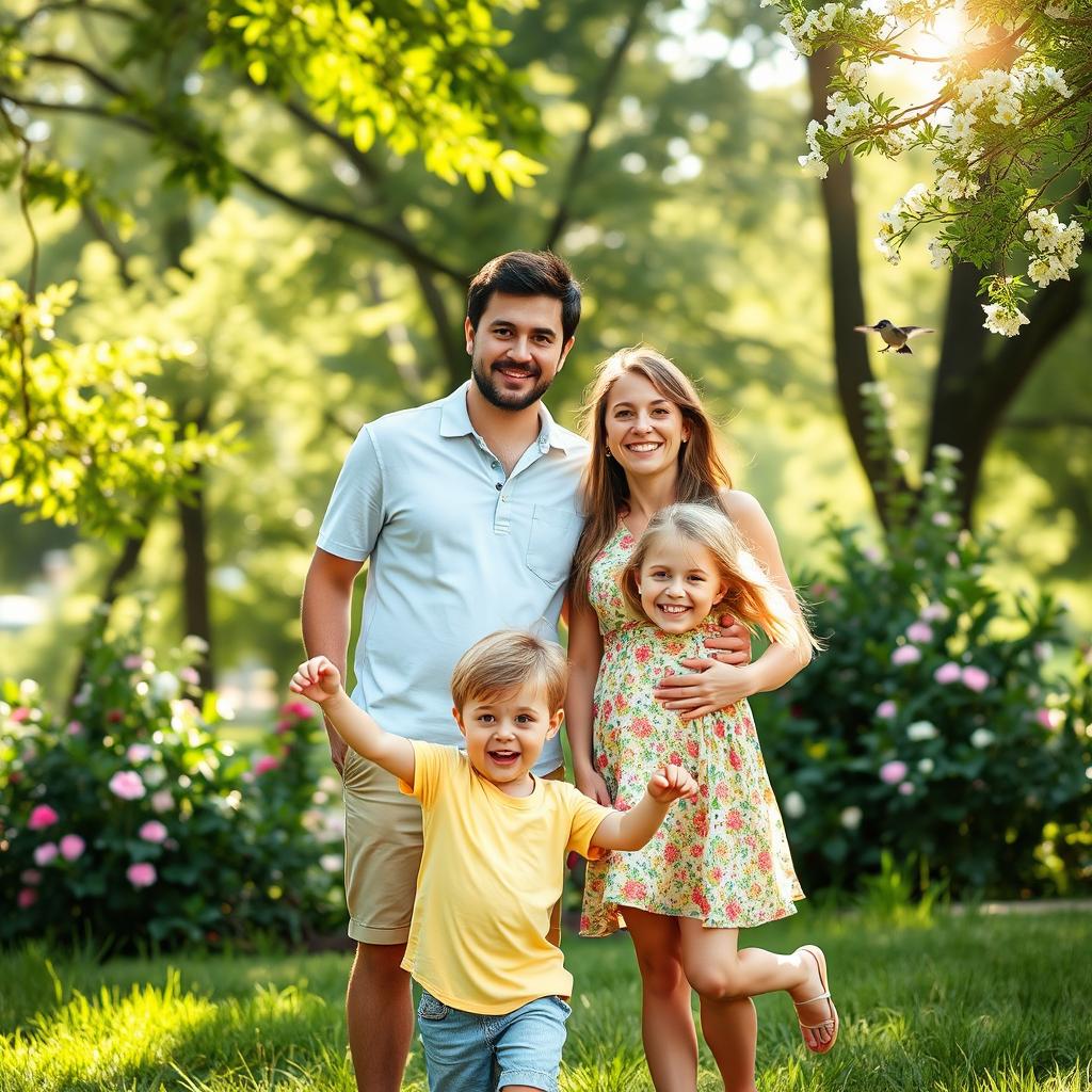 A heartwarming family portrait featuring a couple with their future children, standing together in a lush green park