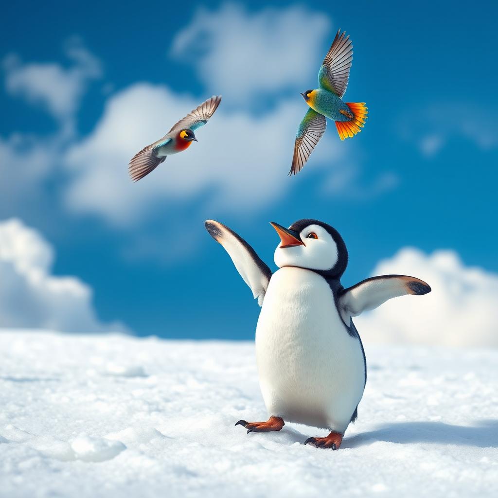 A small penguin standing on a snowy surface, excitedly pointing at a colorful bird soaring above