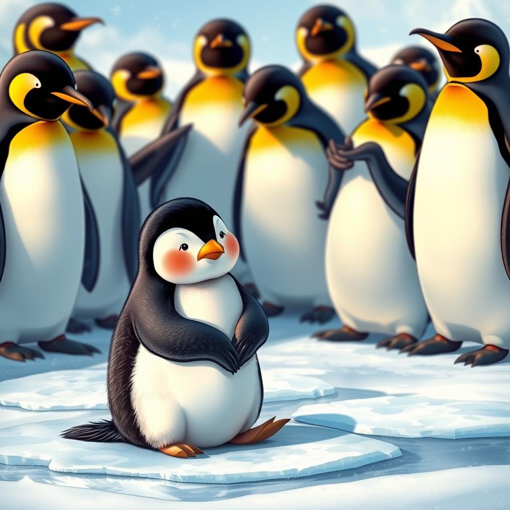 A small penguin sitting on an icy surface, looking slightly embarrassed as its penguin friends gather around, laughing joyfully