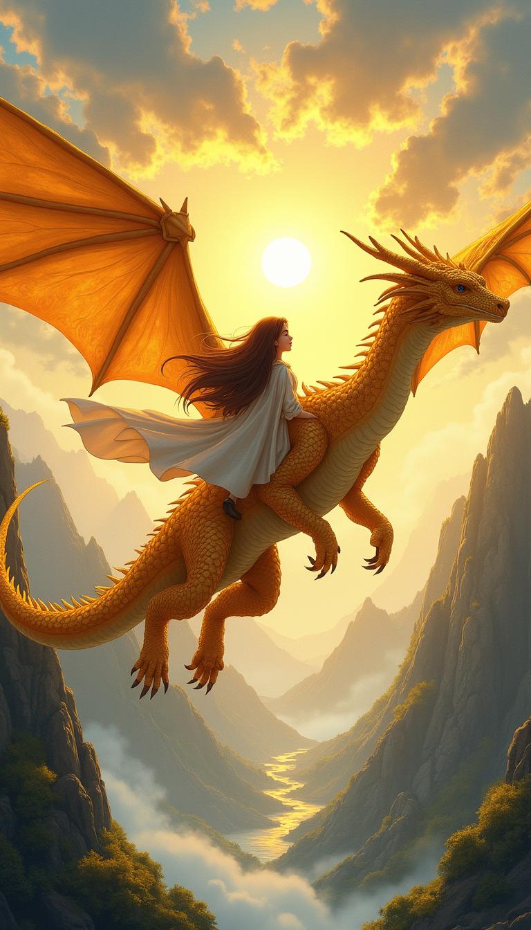 An adolescent girl flying on the back of a magnificent golden dragon, soaring through the sky above a breathtaking mountain range
