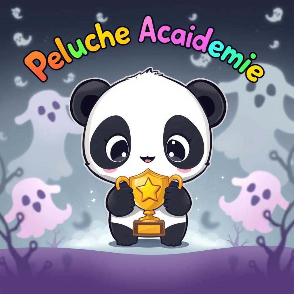 A cute, small panda character holding the Apocalypse Gold trophy from the game Phasmophobia, surrounded by ghostly elements to reflect the theme of the game