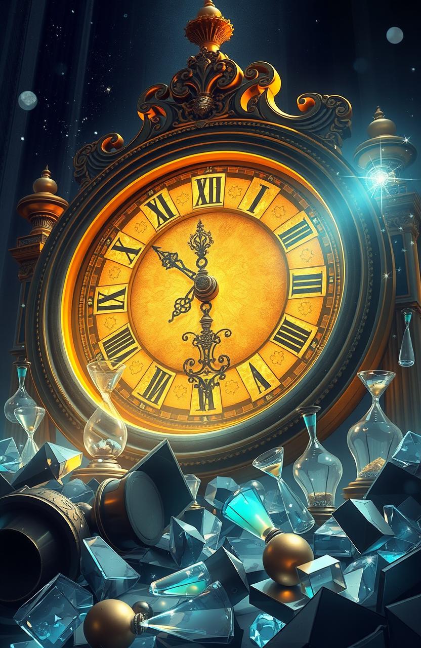 An illustration of a large, ornate time clock, intricately designed with glowing golden serrations located behind it, radiating an enchanting aura