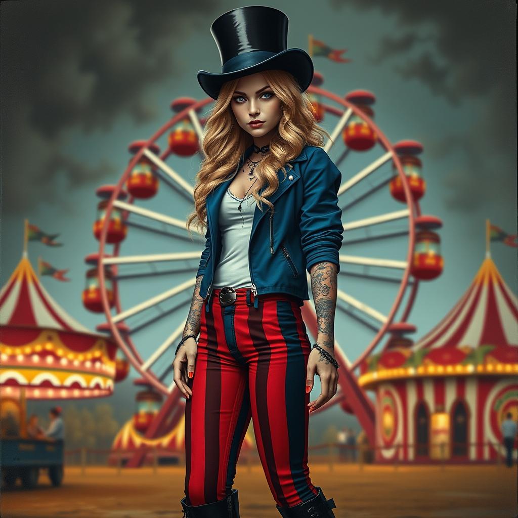 A Machiavellian, nasty, cheeky young woman with long blond wavy hair, wearing a top hat, standing in a circus-like setting with a large, colorful ferris wheel in the background