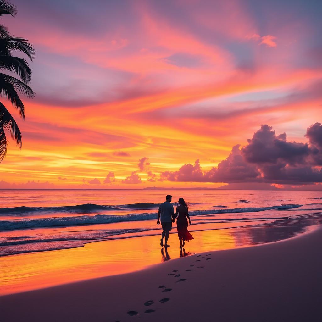 A vibrant sunset over a tranquil beach, with the sky painted in shades of orange, pink, and purple