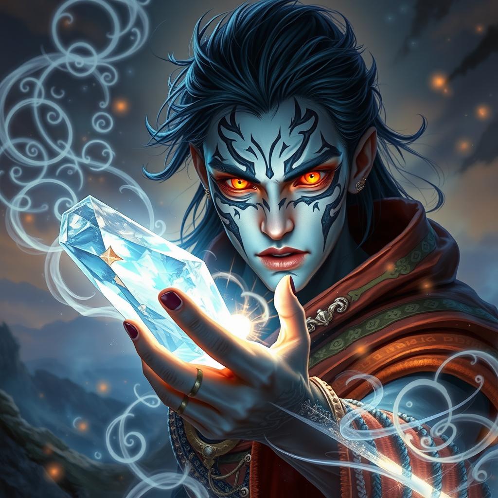 A human sorcerer with pale skin and dark, intricate markings on their face, wielding a beautiful crystal arcane focus