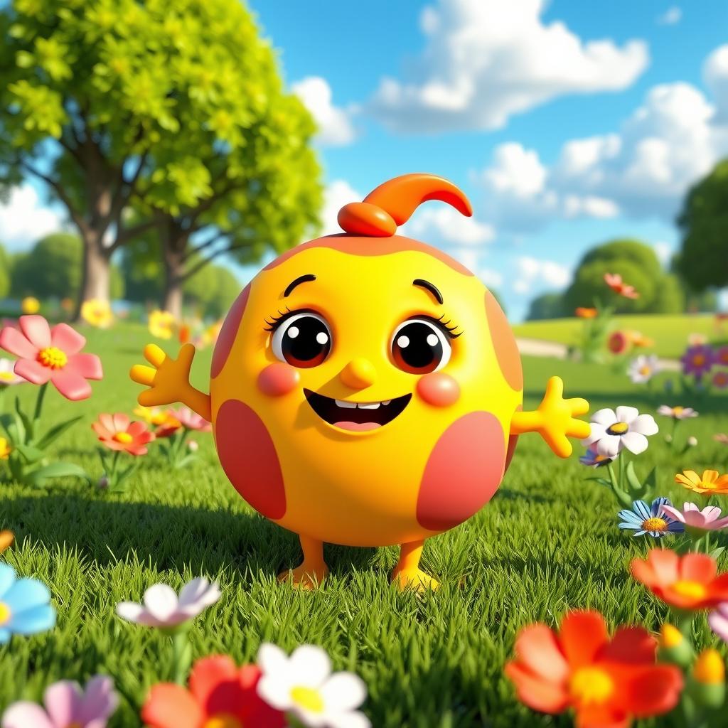 A vibrant 3D cartoon scene featuring a friendly animated character in a playful outdoor environment