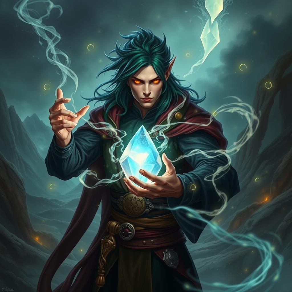 A human sorcerer with striking dark emerald hair and bright fiery orange eyes, wielding an elegant crystal arcane focus