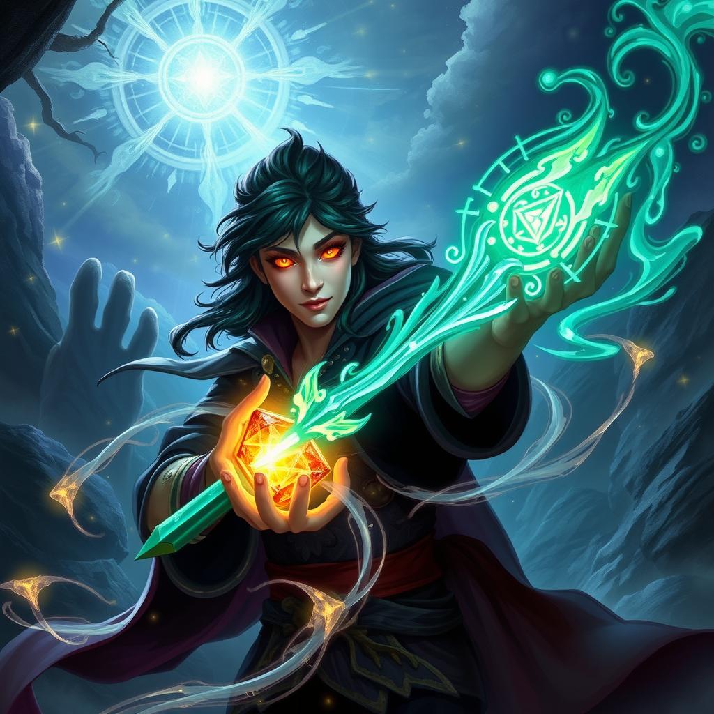 A human sorcerer with striking dark emerald hair and vibrant fiery orange eyes, wielding an exquisite crystal arcane focus