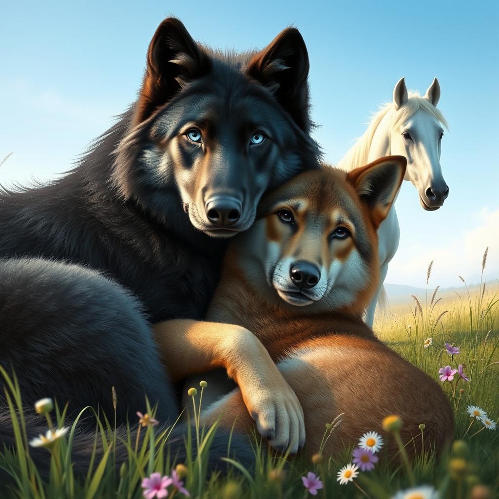 A serene and heartwarming scene featuring a black wolf with striking blue eyes cuddling closely with a brown wolf that has deep black eyes