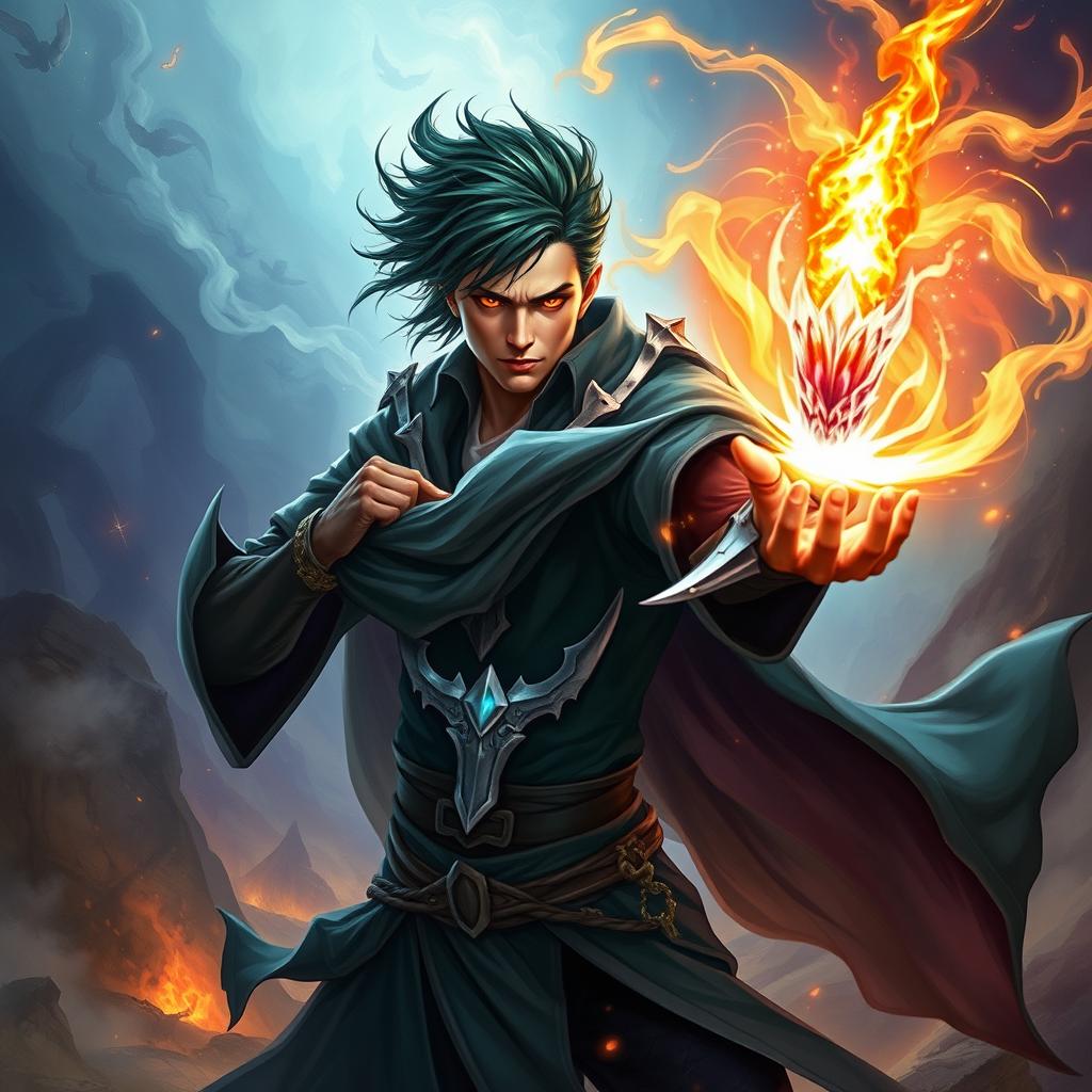 A powerful human sorcerer with striking dark emerald hair and vibrant fiery orange eyes, elegantly wielding a crystal arcane focus