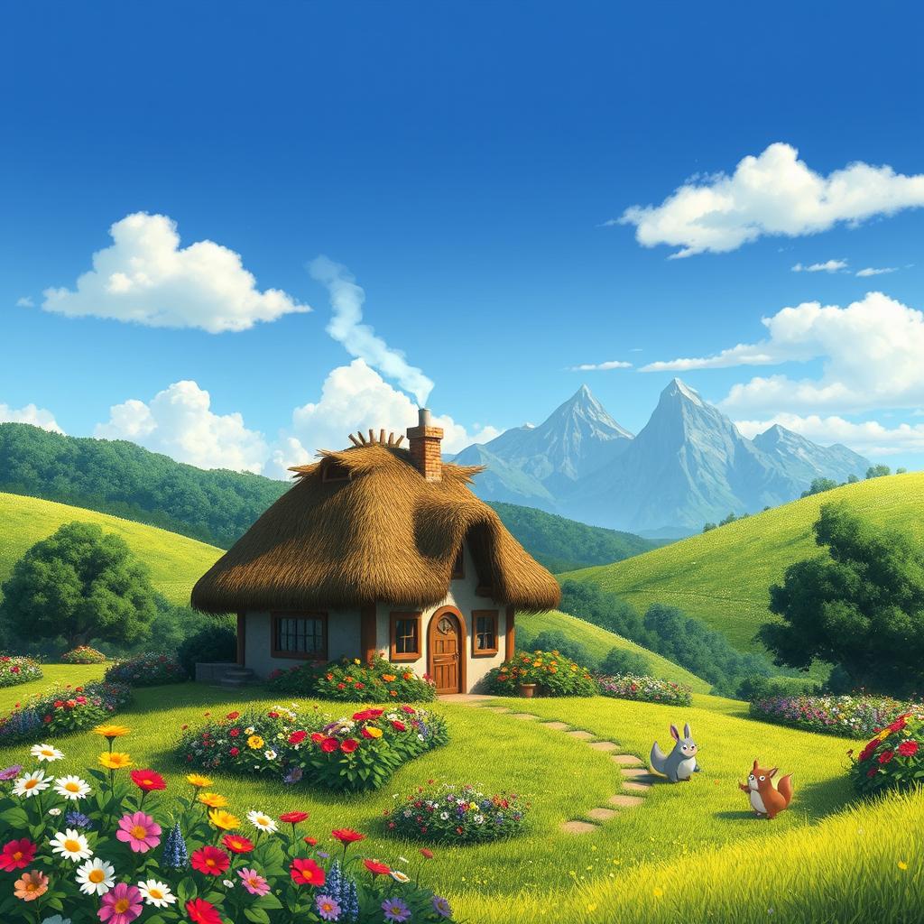 A whimsical landscape inspired by Studio Ghibli, featuring lush green hills dotted with vibrant flowers under a bright blue sky