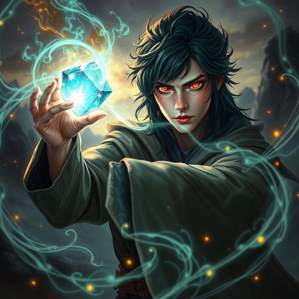 An enchanting human sorcerer with lush dark emerald hair and captivating fiery orange eyes, expertly using a sparkling crystal arcane focus