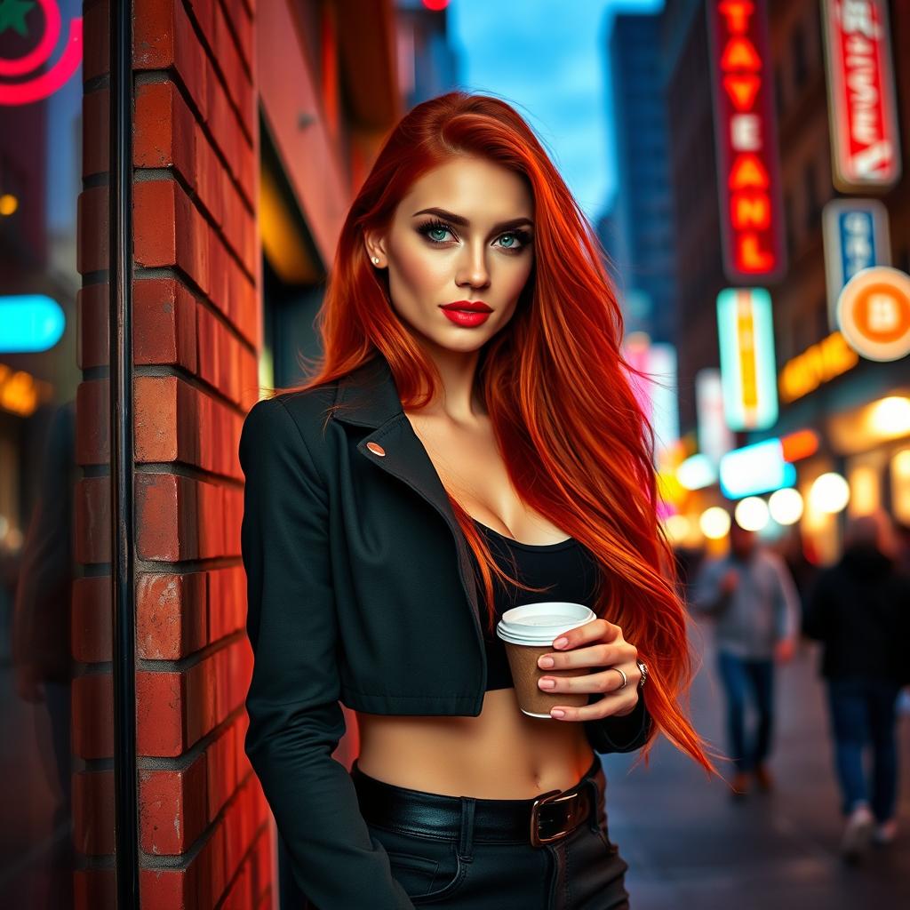 A beautiful adult woman with long, flowing red hair, wearing a fashionable outfit that accentuates her curves