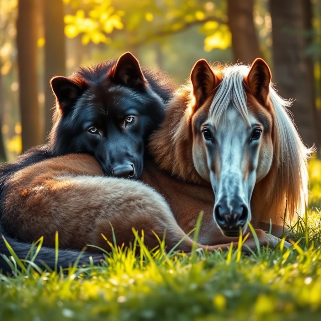 A majestic black wolf with striking blue eyes cuddling closely with a majestic brown wolf that has deep black eyes