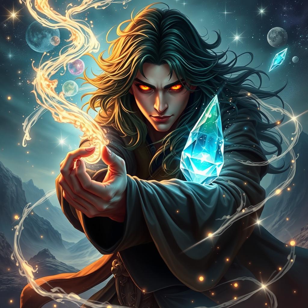 A human sorcerer with deep dark emerald hair and intense fiery orange eyes, skillfully using a gleaming crystal arcane focus