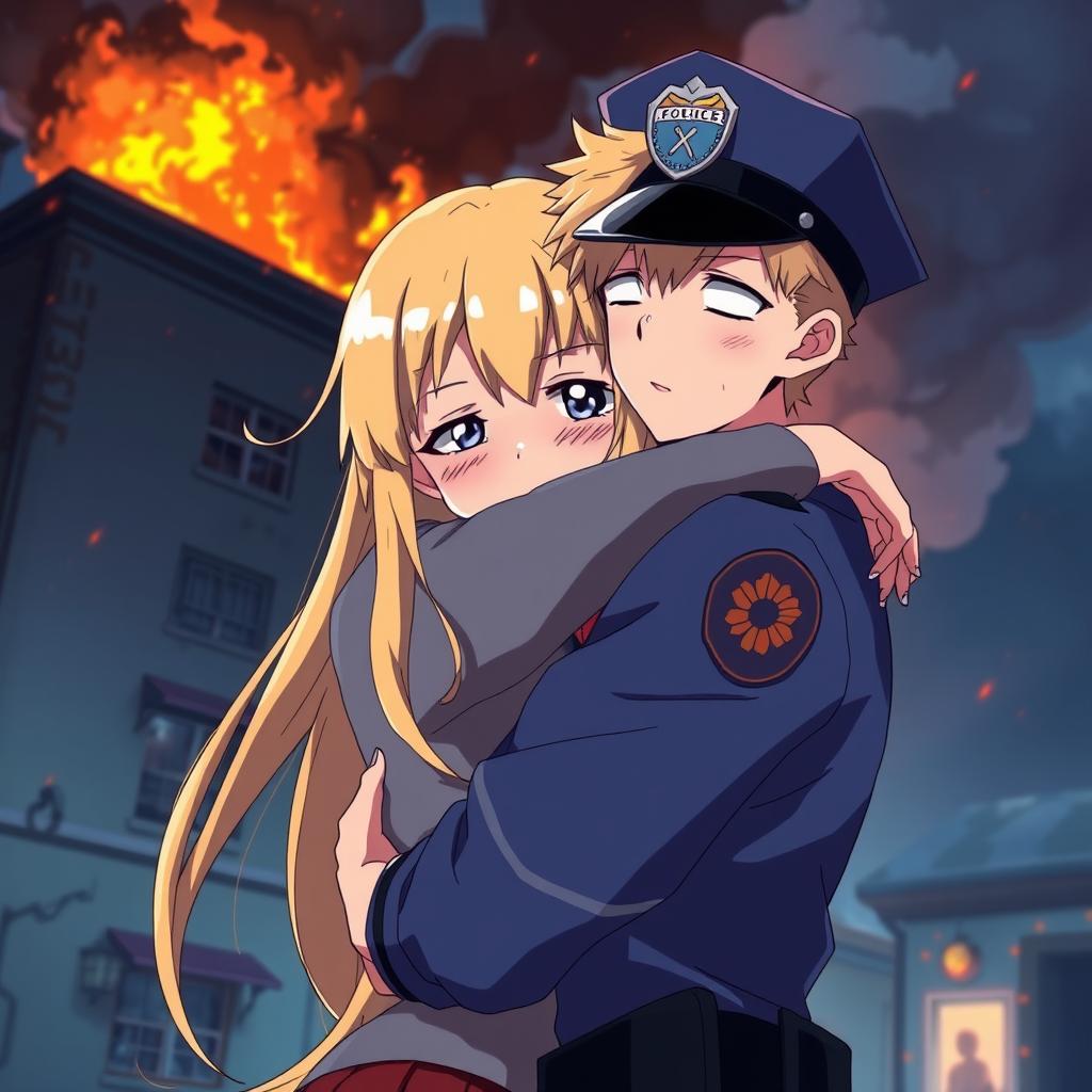 An emotional scene featuring an anime girl with long blonde hair, her expression filled with tears, hugging her boyfriend who is a police officer