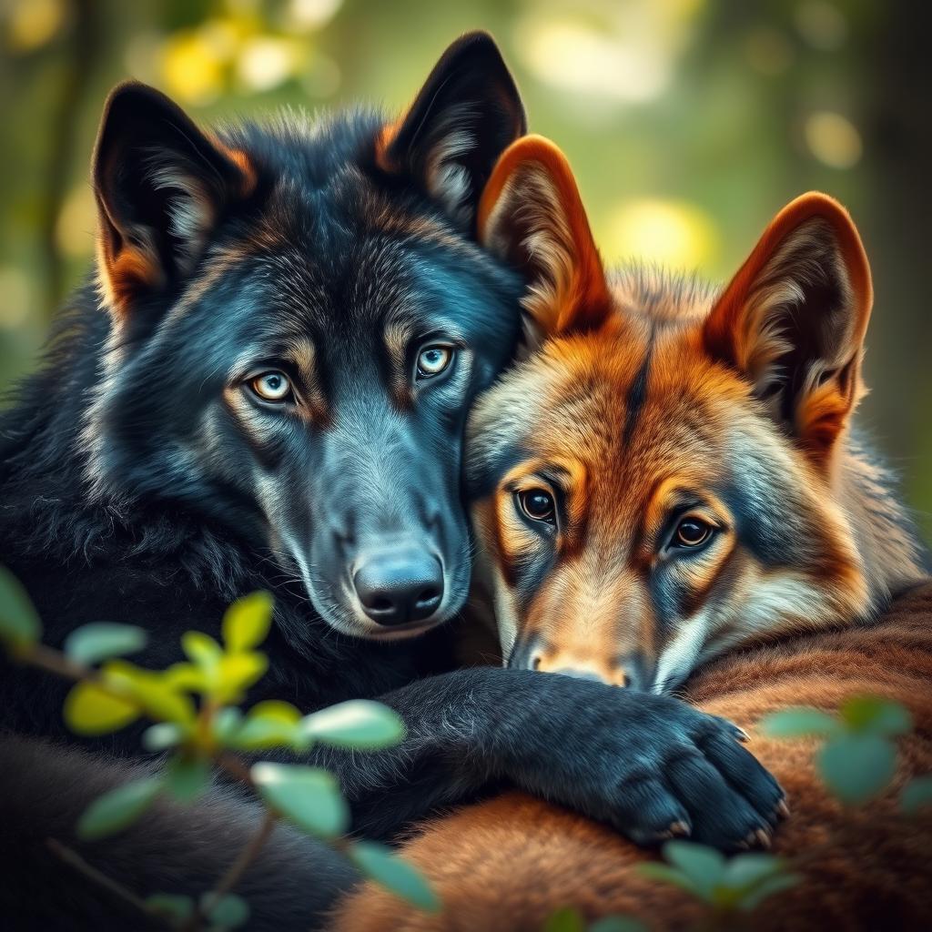 A majestic black wolf with captivating blue eyes cuddling affectionately with another majestic brown wolf that has deep black eyes