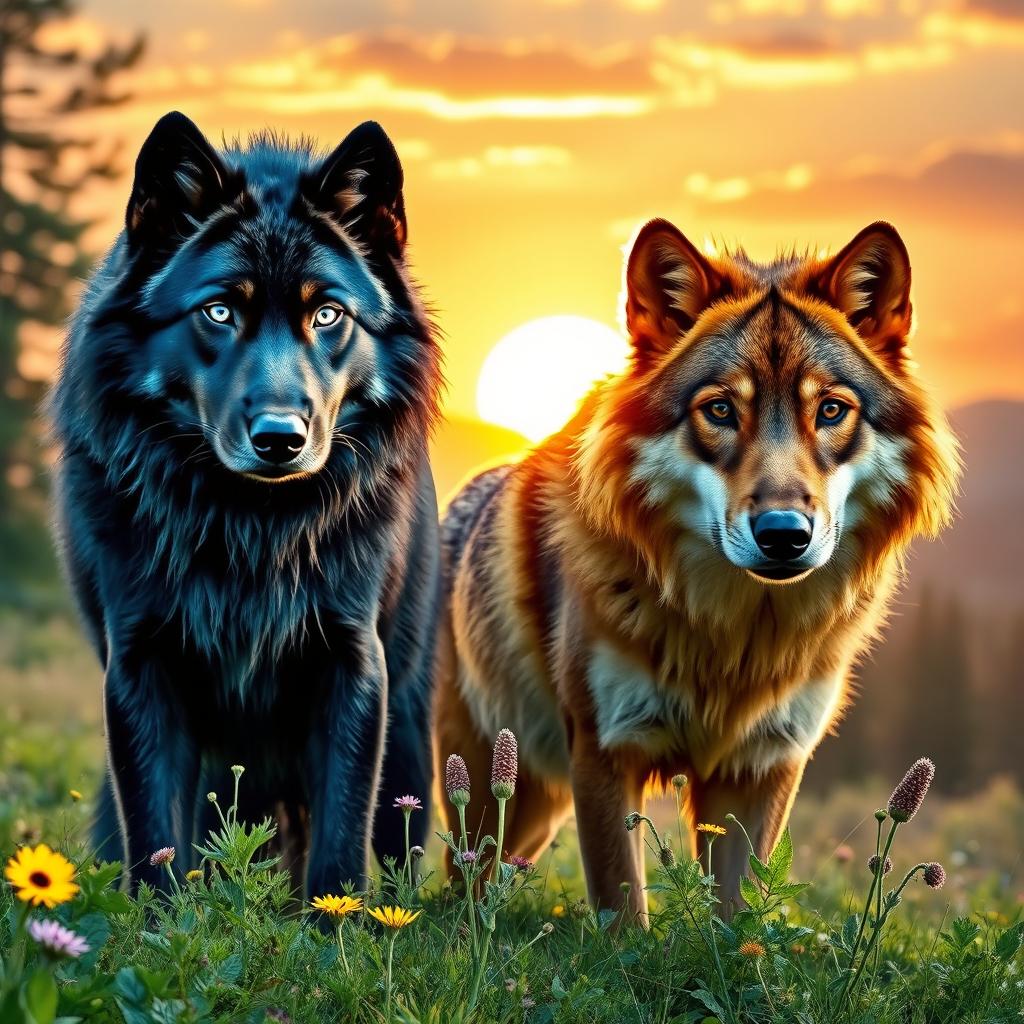 A majestic black wolf with captivating blue eyes standing proudly alongside another majestic brown wolf that has deep black eyes