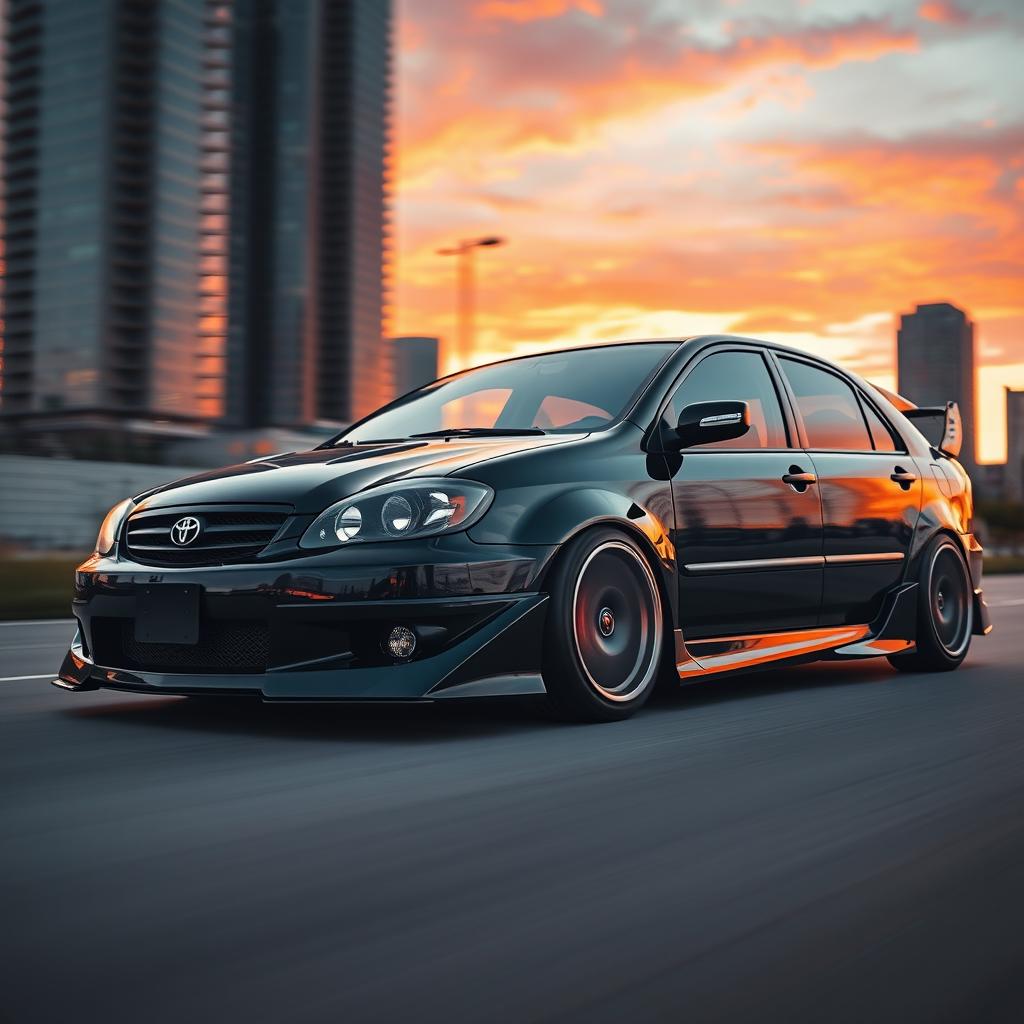 A customized Toyota Corolla 2004, showcasing a stunning, sporty exterior with a glossy black paint job, aggressive body kit including a front splitter and side skirts, enhanced headlights for a more aggressive look, and sleek alloy rims