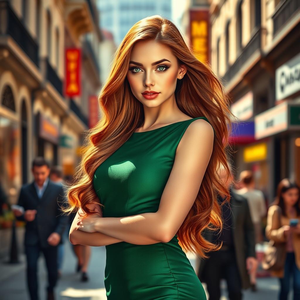 A realistic portrait of a beautiful woman with long flowing auburn hair, wearing an elegant, form-fitting emerald green dress that accentuates her curves