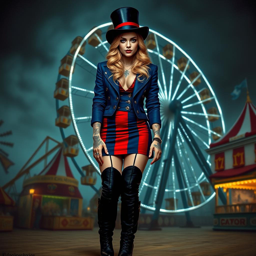 A Machiavellian, nasty, cheeky young woman with long blonde wavy hair and a top hat, standing in a circus-like setting with a large ferris wheel in the background