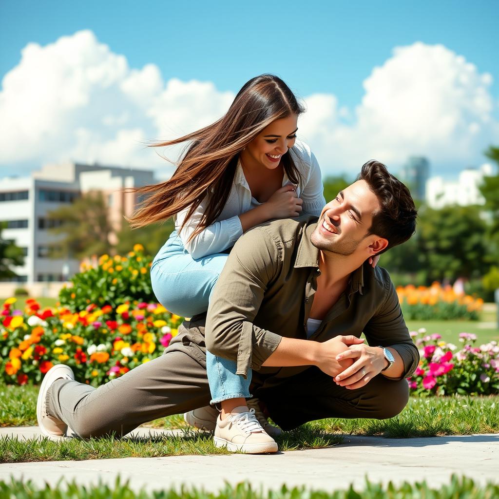A young woman crouching playfully on a man, both smiling and enjoying the moment