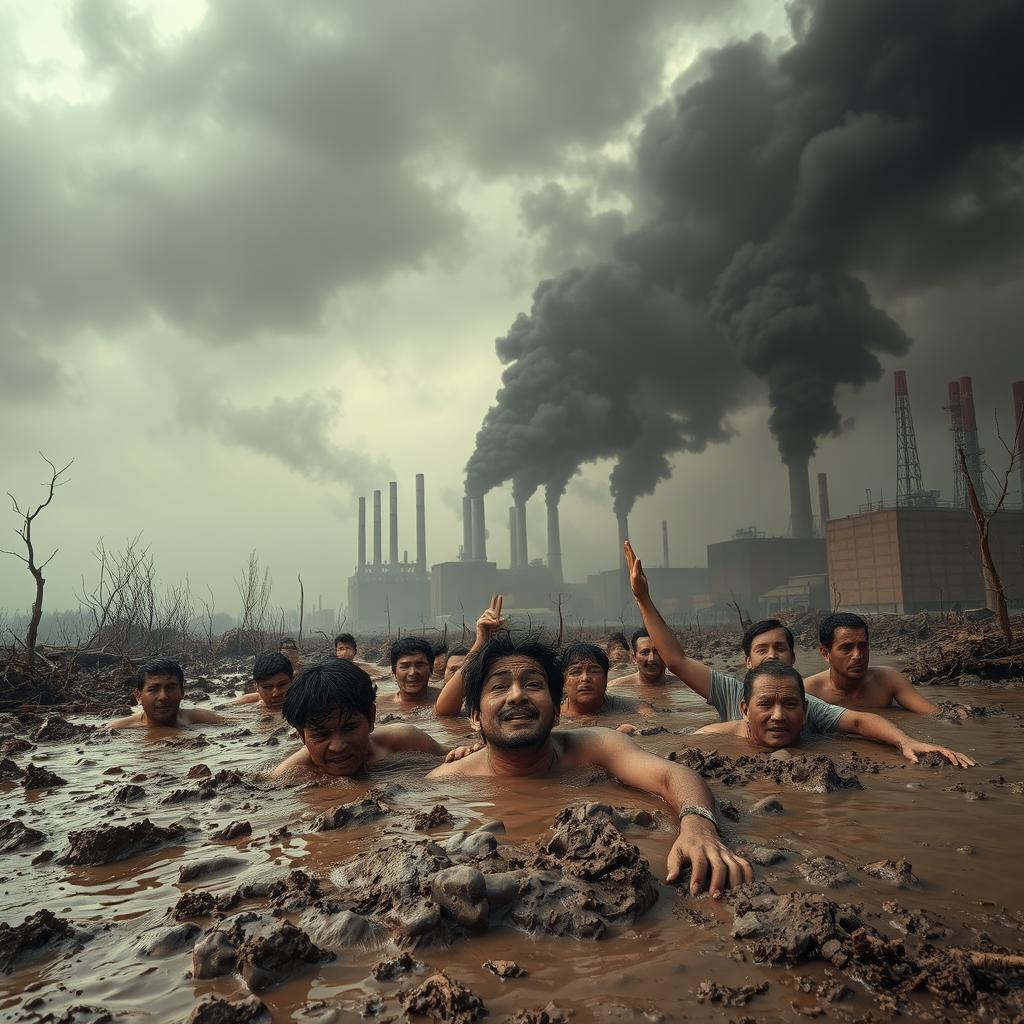 A striking and dramatic scene depicting the impact of pollution on ecology, featuring people struggling and drowning in thick mud, surrounded by dark exhaust fumes rising from industrial buildings