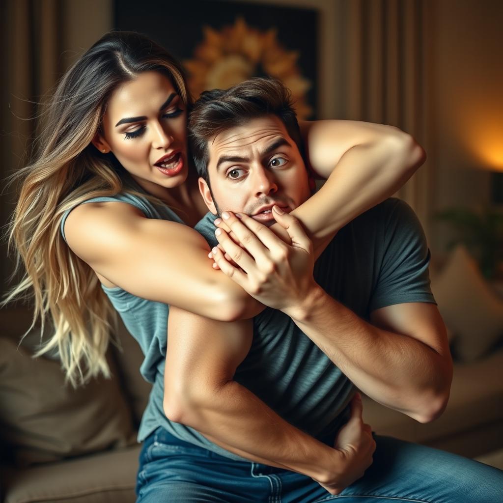 A powerful and intense scene featuring a strong woman smothering a man playfully, capturing a moment of dominance and submission