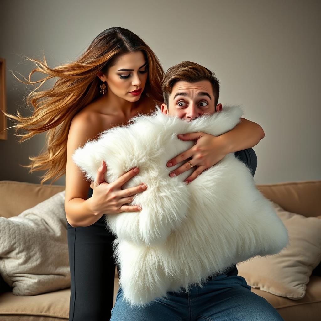 A dramatic scene where a confident woman is playfully smothering a man with a large, fluffy pillow