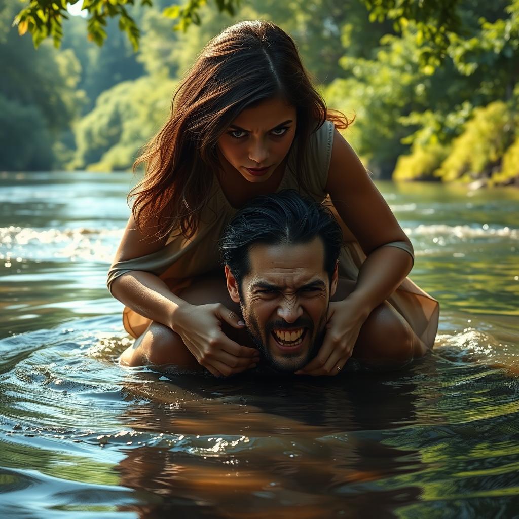 A dramatic scene depicting a girl crouching over a man in a shallow river, the water gently rippling around them