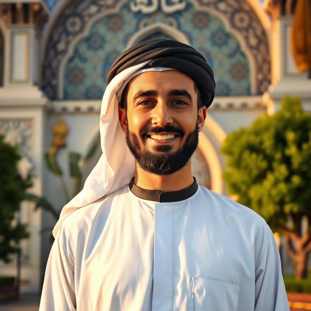 A dignified Muslim man dressed in traditional attire, wearing a white cotton thobe and a black kufi cap