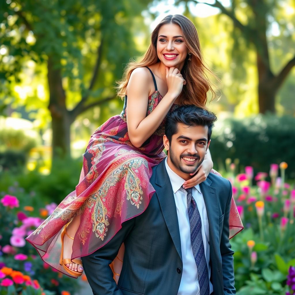 A stylish young woman in an elegant dress, playfully perched on top of a gentleman