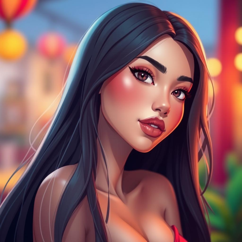 A beautiful female character with long, flowing hair that cascades down her shoulders, adding elegance and beauty to her appearance