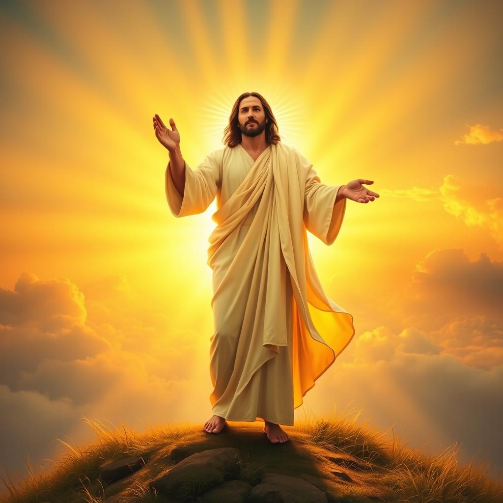 A powerful and serene depiction of Jesus Christ standing on a hilltop, bathed in radiant golden light, with a gentle yet majestic expression