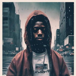 A melancholic album cover featuring a Soundcloud rapper portrayed in a somber tone, surrounded by symbolic elements denoting 'sadboy' culture such as late-night cityscapes, raindrops on glass, or wilted roses.