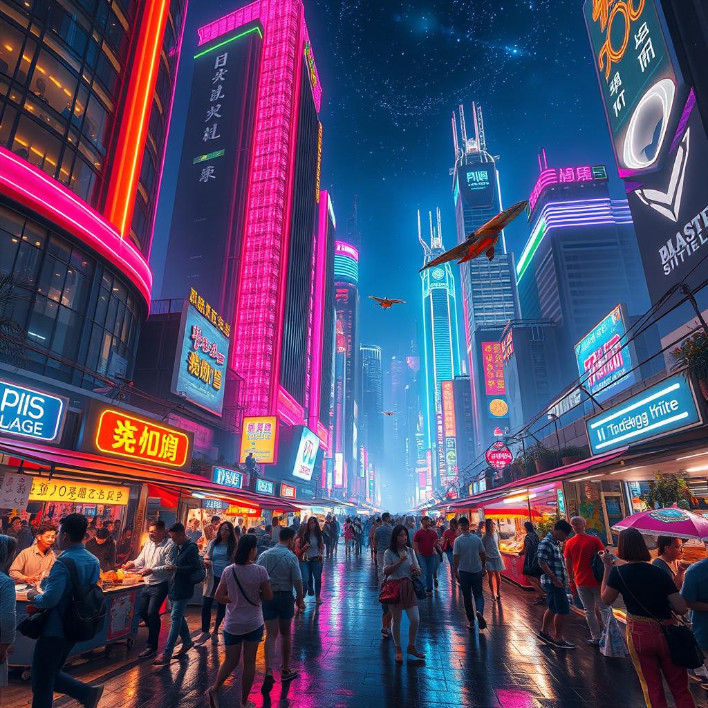 A beautifully designed, futuristic cityscape at night, illuminated by vibrant neon lights, featuring towering skyscrapers with unique architectural designs, flying vehicles darting through the air, and a bustling street market with diverse crowds enjoying street food