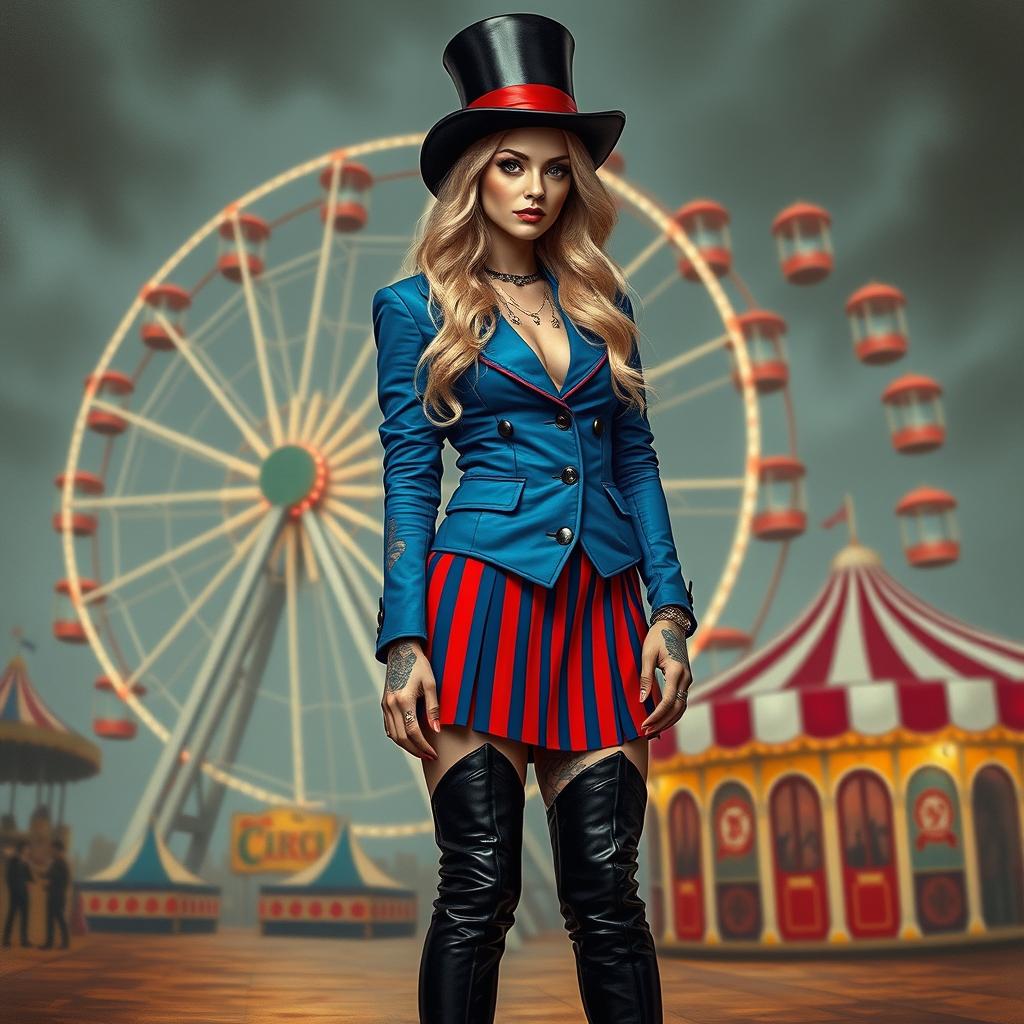 A Machiavellian, nasty, cheeky young woman with long blonde wavy hair and a top hat, standing in a circus-like setting with a large ferris wheel in the background