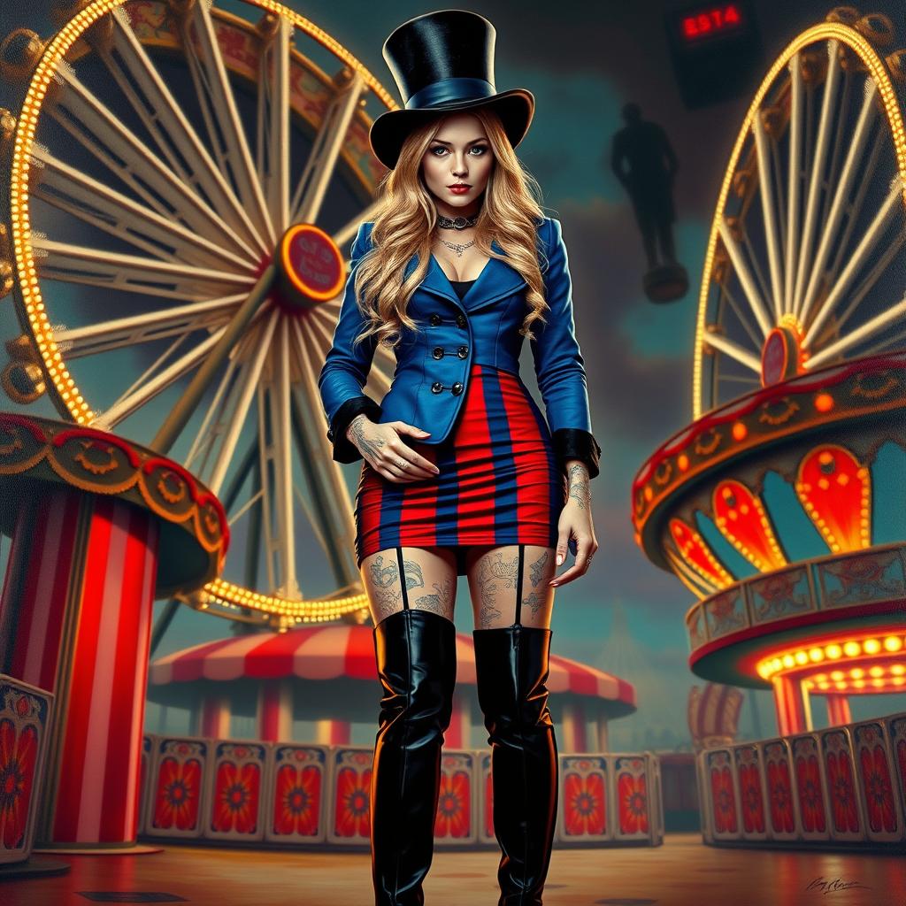 A Machiavellian, nasty, cheeky young woman with long, wavy blonde hair and a striking top hat, standing confidently in a vibrant circus-like setting with a large, colorful ferris wheel in the background