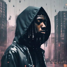 A melancholic album cover featuring a Soundcloud rapper portrayed in a somber tone, surrounded by symbolic elements denoting 'sadboy' culture such as late-night cityscapes, raindrops on glass, or wilted roses.