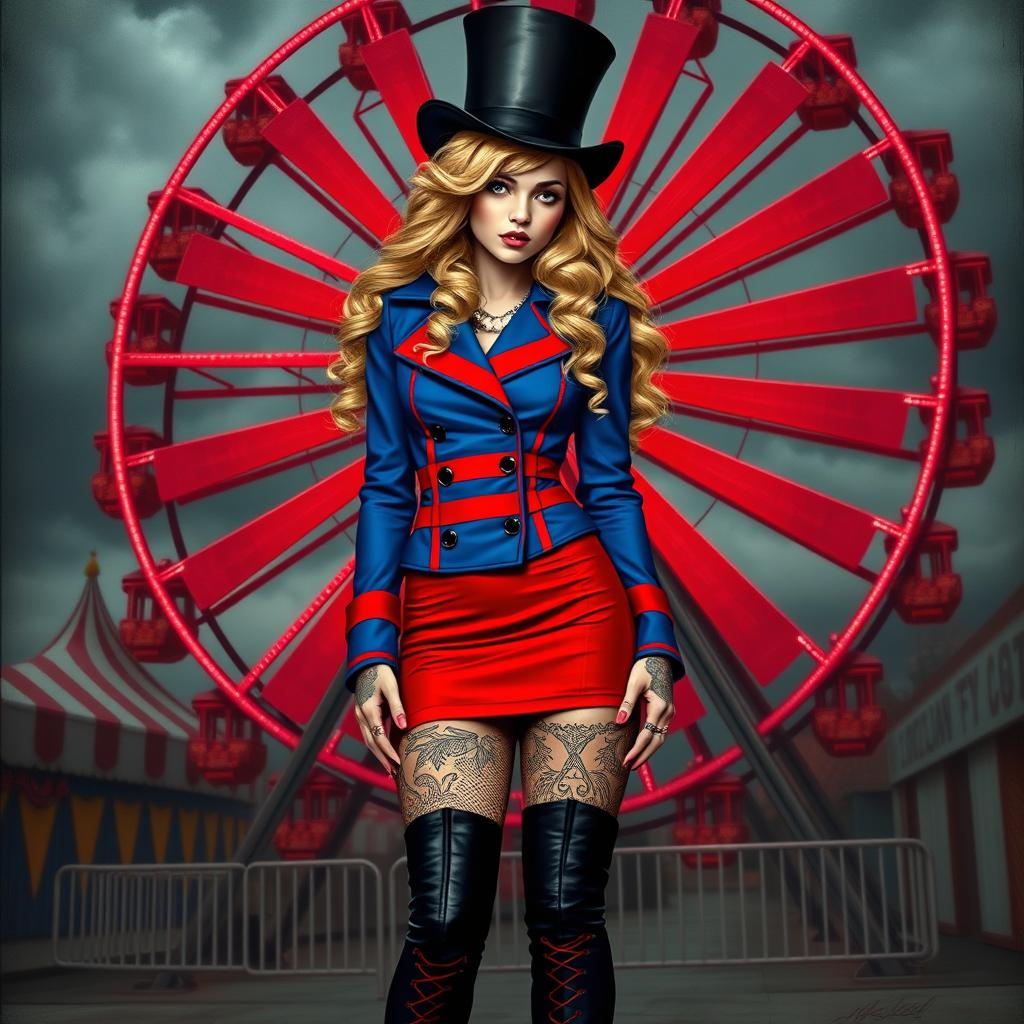 A Machiavellian, cheeky young woman with long, wavy blond hair styled dramatically beneath a tall top hat