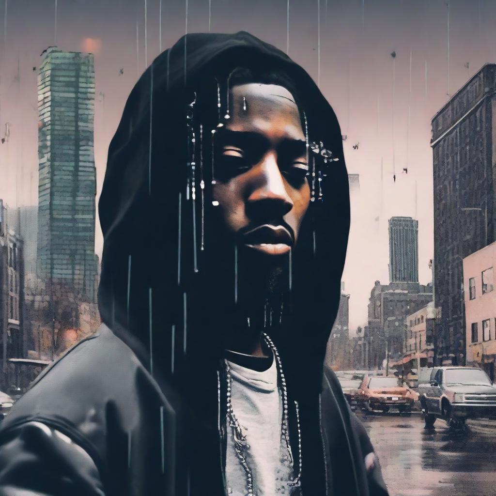 A melancholic album cover featuring a Soundcloud rapper portrayed in a somber tone, surrounded by symbolic elements denoting 'sadboy' culture such as late-night cityscapes, raindrops on glass, or wilted roses.