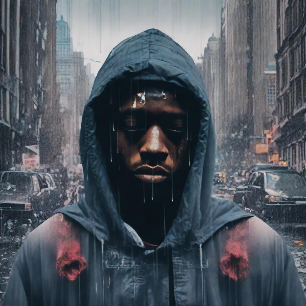 A melancholic album cover featuring a Soundcloud rapper portrayed in a somber tone, surrounded by symbolic elements denoting 'sadboy' culture such as late-night cityscapes, raindrops on glass, or wilted roses.