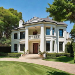 An elegant, well-constructed house with a lush green lawn, under a clear blue sky