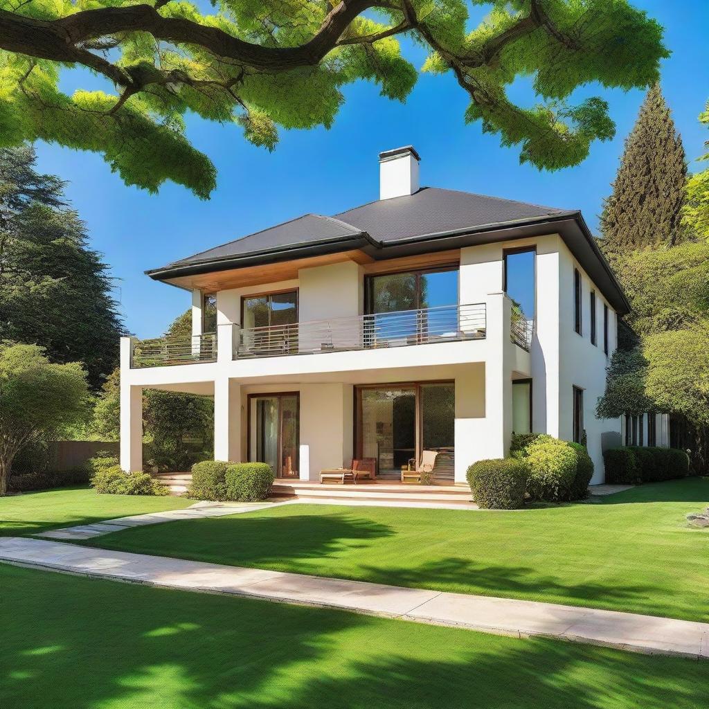 An elegant, well-constructed house with a lush green lawn, under a clear blue sky