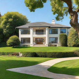 An elegant, well-constructed house with a lush green lawn, under a clear blue sky