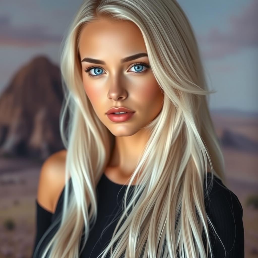 A strikingly beautiful young woman with long, flowing white hair that cascades down her shoulders, showcasing her captivating features